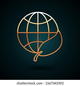 Gold line Earth globe and leaf icon isolated on dark blue background. World or Earth sign. Geometric shapes. Environmental concept.  Vector Illustration