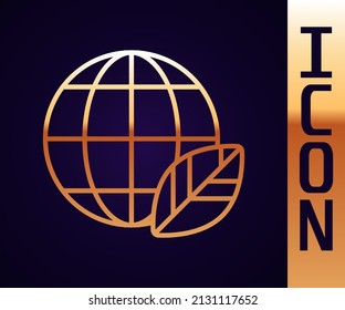Gold line Earth globe and leaf icon isolated on black background. World or Earth sign. Geometric shapes. Environmental concept.  Vector Illustration