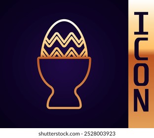 Gold line Easter egg on a stand icon isolated on black background. Happy Easter.  Vector Illustration