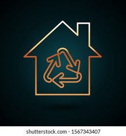 Gold line Eco House with recycling symbol icon isolated on dark blue background. Ecology home with recycle arrows.  Vector Illustration