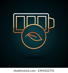 Gold line Eco nature leaf and battery icon isolated on dark blue background. Energy based on ecology saving concept.  Vector