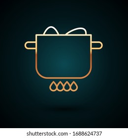 Gold line Egg in hot pot icon isolated on dark blue background. Boiled egg. Happy Easter.  Vector Illustration