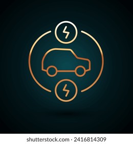 Gold line Electric car and electrical cable plug charging icon isolated on dark blue background. Renewable eco technologies.  Vector