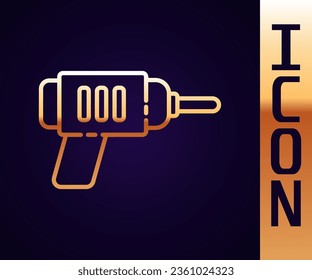 Gold line Electric drill machine icon isolated on black background. Repair tool.  Vector Illustration