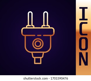 Gold line Electric plug icon isolated on black background. Concept of connection and disconnection of the electricity.  Vector Illustration