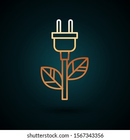 Gold line Electric saving plug in leaf icon isolated on dark blue background. Save energy electricity icon. Environmental protection icon. Bio energy.  Vector Illustration