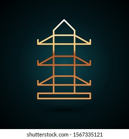 Gold line Electric tower used to support an overhead power line icon isolated on dark blue background. High voltage power pole line.  Vector Illustration