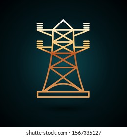 Gold line Electric tower used to support an overhead power line icon isolated on dark blue background. High voltage power pole line.  Vector Illustration