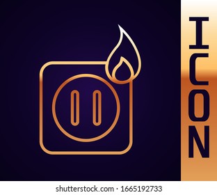 Gold line Electric wiring of socket in fire icon isolated on black background. Electrical safety concept. Plug outlet on fire.  Vector Illustration
