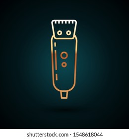 Gold line Electrical hair clipper or shaver icon isolated on dark blue background. Barbershop symbol.  Vector Illustration