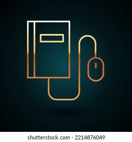 Gold line Electronic book with mouse icon isolated on dark blue background. Online education concept. E-book badge icon.  Vector Illustration