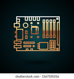 Gold line Electronic computer components motherboard digital chip integrated science icon isolated on dark blue background. Circuit board.  Vector Illustration