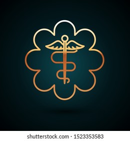 Gold line Emergency star - medical symbol Caduceus snake with stick icon isolated on dark blue background. Star of Life.  Vector Illustration