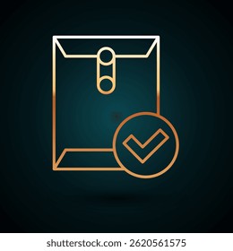 Linha dourada Ícone de envelope e marca de seleção isolado no fundo azul escuro. Entrega de e-mail bem-sucedida, confirmação de entrega de e-mail.  Vetor