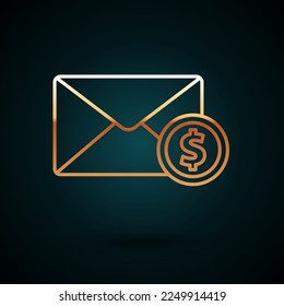 Gold line Envelope with coin dollar symbol icon isolated on dark blue background. Salary increase, money payroll, compensation income.  Vector Illustration