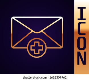 Icono sobre línea dorada aislado en fondo negro. Concepto de mensaje recibido. Nuevo mensaje entrante de correo electrónico, sms. Servicio de entrega de correo. Ilustración vectorial
