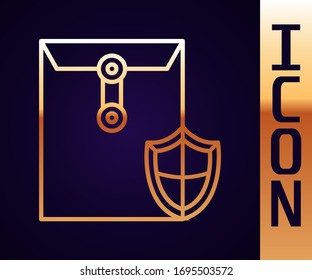 Sobre de línea dorada con icono de escudo aislado en fondo negro.Concepto de seguro. Concepto de seguridad, protección, protección. Ilustración vectorial