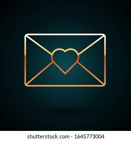 Gold line Envelope with Valentine heart icon isolated on dark blue background. Message love. Letter love and romance.  Vector Illustration