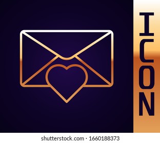 Gold line Envelope with Valentine heart icon isolated on black background. Message love. Letter love and romance.  Vector Illustration
