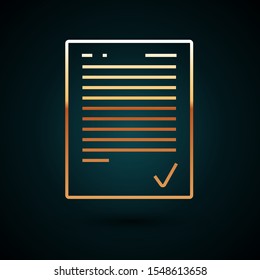 Gold line Exam sheet with check mark icon isolated on dark blue background. Test paper, exam, or survey concept. School test or exam.  Vector Illustration