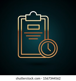 Gold line Exam sheet with clock icon isolated on dark blue background. Test paper, exam, or survey concept. School test or exam.  Vector Illustration