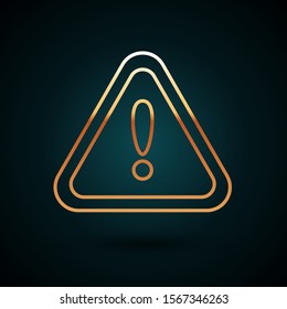 Gold line Exclamation mark in triangle icon isolated on dark blue background. Hazard warning sign, careful, attention, danger warning important sign.  Vector Illustration