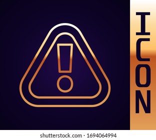 Gold line Exclamation mark in triangle icon isolated on black background. Hazard warning sign, careful, attention, danger warning important.  Vector Illustration