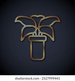 Gold line Exotic tropical plant in pot icon isolated on black background.  Vector