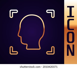Icono de reconocimiento de cara dorada aislado en fondo negro. Icono del escáner de identificación facial. Ciberseguridad.  Vector