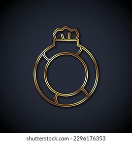 Gold line Fantasy magic stone ring with gem icon isolated on black background.  Vector