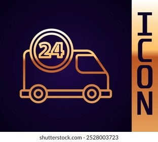 Línea de oro Entrega rápida alrededor del reloj por el icono del coche aislado en fondo negro.  Ilustración vectorial