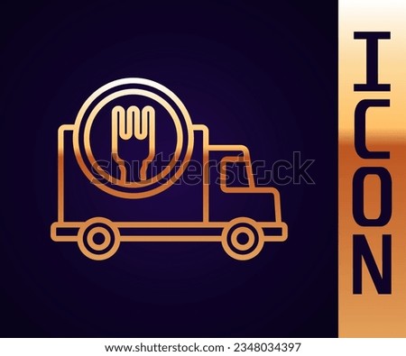 Gold line Fast round the clock delivery by car icon isolated on black background.  Vector Illustration