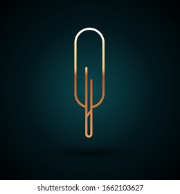Gold line Feather pen icon isolated on dark blue background.  Vector Illustration