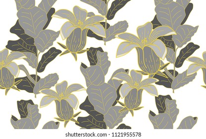 Gold line ficus and hawaiian flower. Palm leaves and exotic flowers composition. Vector illustration. Botanical seamless background. Digital nature art.