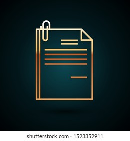 Gold line File document and paper clip icon isolated on dark blue background. Checklist icon. Business concept.  Vector Illustration