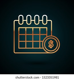 Gold line Financial calendar icon isolated on dark blue background. Annual payment day, monthly budget planning, fixed period concept, loan duration.  Vector Illustration