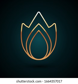 Gold line Fire flame icon isolated on dark blue background. Heat symbol.  Vector Illustration