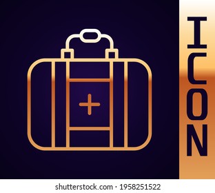Icono del kit de primeros auxilios aislado en fondo negro. Caja médica con cruz. Equipo médico de emergencia. Concepto de salud.  Vector