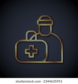 Icono del kit de primeros auxilios aislado en fondo negro. Caja médica con cruz. Equipo médico de emergencia. Concepto de salud.  Vector