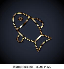 Gold line Fish icon isolated on black background.  Vector