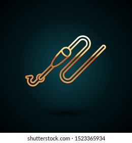 Gold line Fishing line with hook and float icon isolated on dark blue background. Fishing tackle.  Vector Illustration