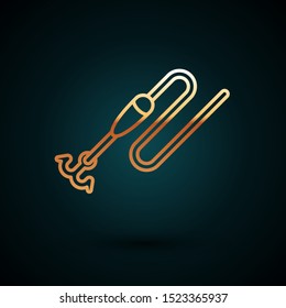 Gold line Fishing line with hook and float icon isolated on dark blue background. Fishing tackle.  Vector Illustration