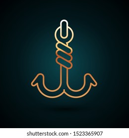 Gold line Fishing hook icon isolated on dark blue background. Fishing tackle.  Vector Illustration