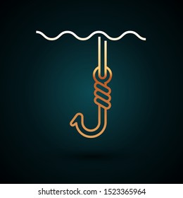 Gold line Fishing hook under water icon isolated on dark blue background. Fishing tackle.  Vector Illustration