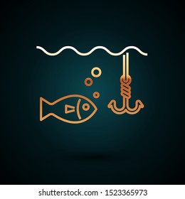 Gold line Fishing hook under water with fish icon isolated on dark blue background. Fishing tackle.  Vector Illustration