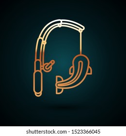 Gold line Fishing rod and fish icon isolated on dark blue background. Catch a big fish. Fishing equipment and fish farming topics.  Vector Illustration