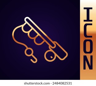 Gold line Fishing rod icon isolated on black background. Fishing equipment and fish farming topics.  Vector