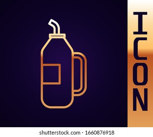 Gold line Fitness shaker icon isolated on black background. Sports shaker bottle with lid for water and protein cocktails.  Vector Illustration