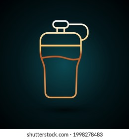 Gold line Fitness shaker icon isolated on dark blue background. Sports shaker bottle with lid for water and protein cocktails.  Vector