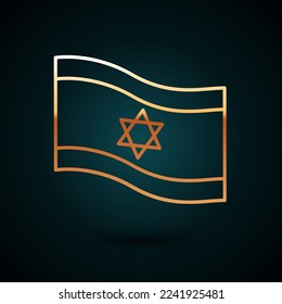 Gold line Flag of Israel icon isolated on dark blue background. National patriotic symbol.  Vector